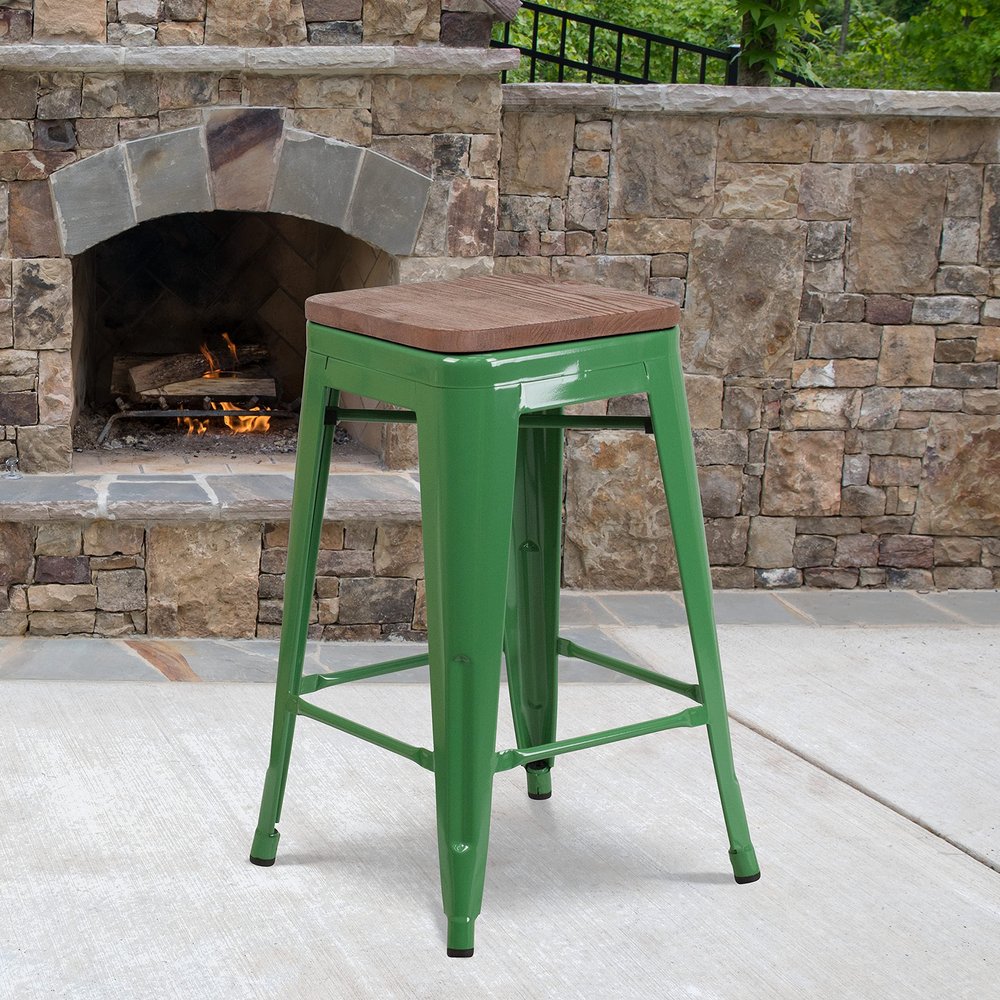 BizChair 4 Pack 24" High Backless Green Metal Counter Height Stool with Square Wood Seat