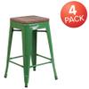 BizChair 4 Pack 24" High Backless Green Metal Counter Height Stool with Square Wood Seat view 3