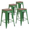 BizChair 4 Pack 24" High Backless Green Metal Counter Height Stool with Square Wood Seat view 4