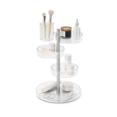 Umbra Pirouette Cosmetic Organizer, Large Capacity Makeup Storage with Adjustable Compartments, Clear/Nickel