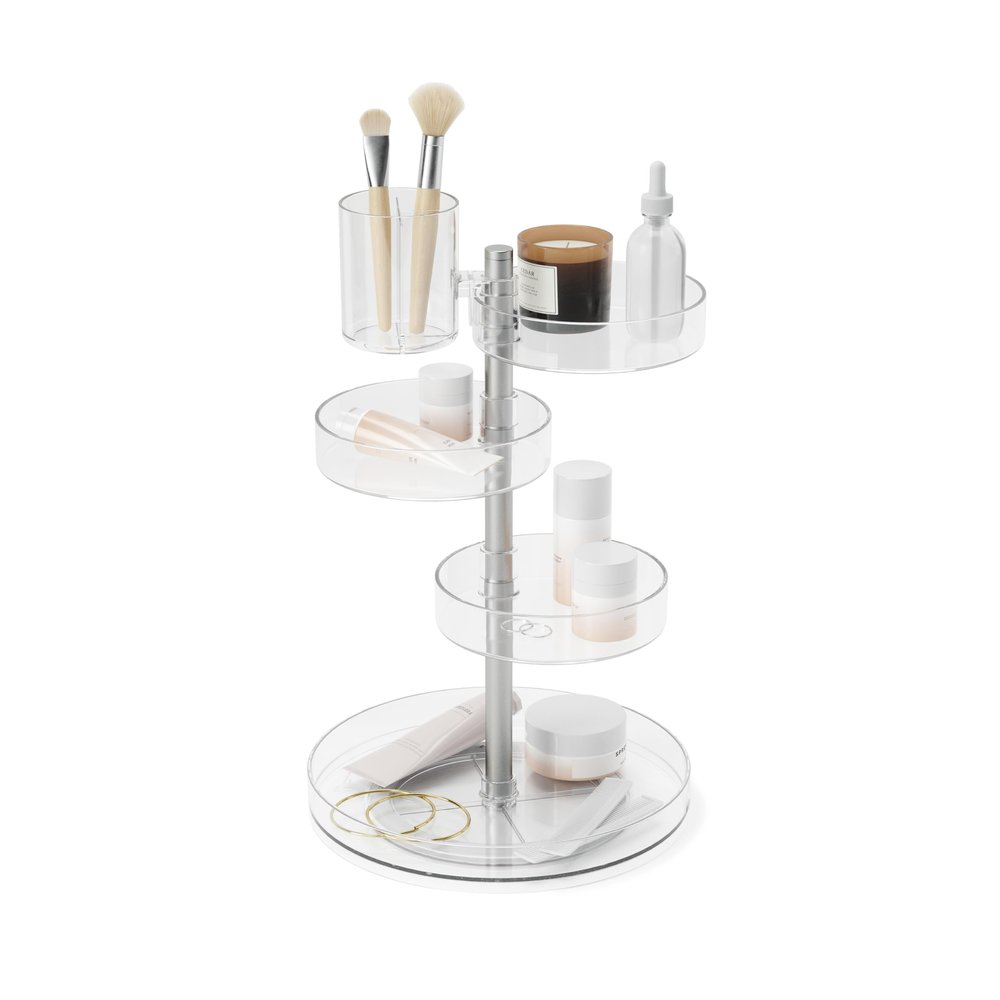 Umbra Pirouette Cosmetic Organizer, Large Capacity Makeup Storage with Adjustable Compartments, Clear/Nickel