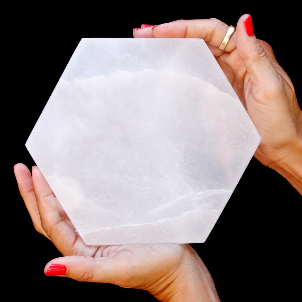 Om Zone Selenite Charging Plate for Cleansing Crystals & Healing Stones, Meditation, Reiki, Protection Crystals, Spiritual Gift (1, 6" Hexagon)