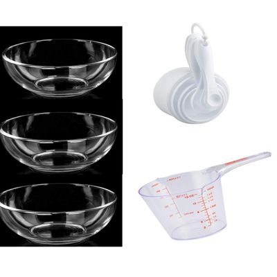 3 Clear Glass Bowls, 6 in. 1 Betty Crocker Plastic Measuring Cup, 16 oz. & Cooking Concepts White Plastic Measuring Cup & Spoon Sets