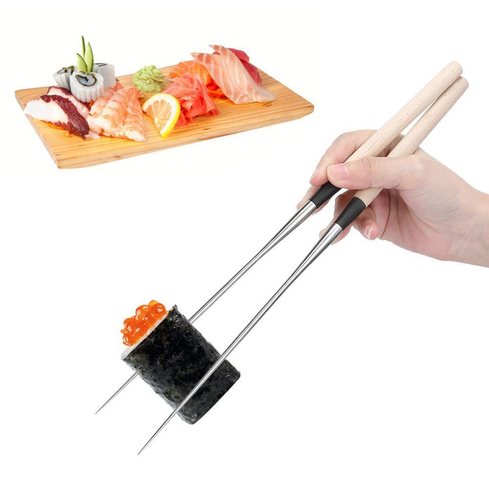 1 Pair Chopsticks, Stainless Steel Chopsticks Japanese Sushi Chopstick with Wood Handle Kitchen Accessory Outdoor Camping Utensils (02)
