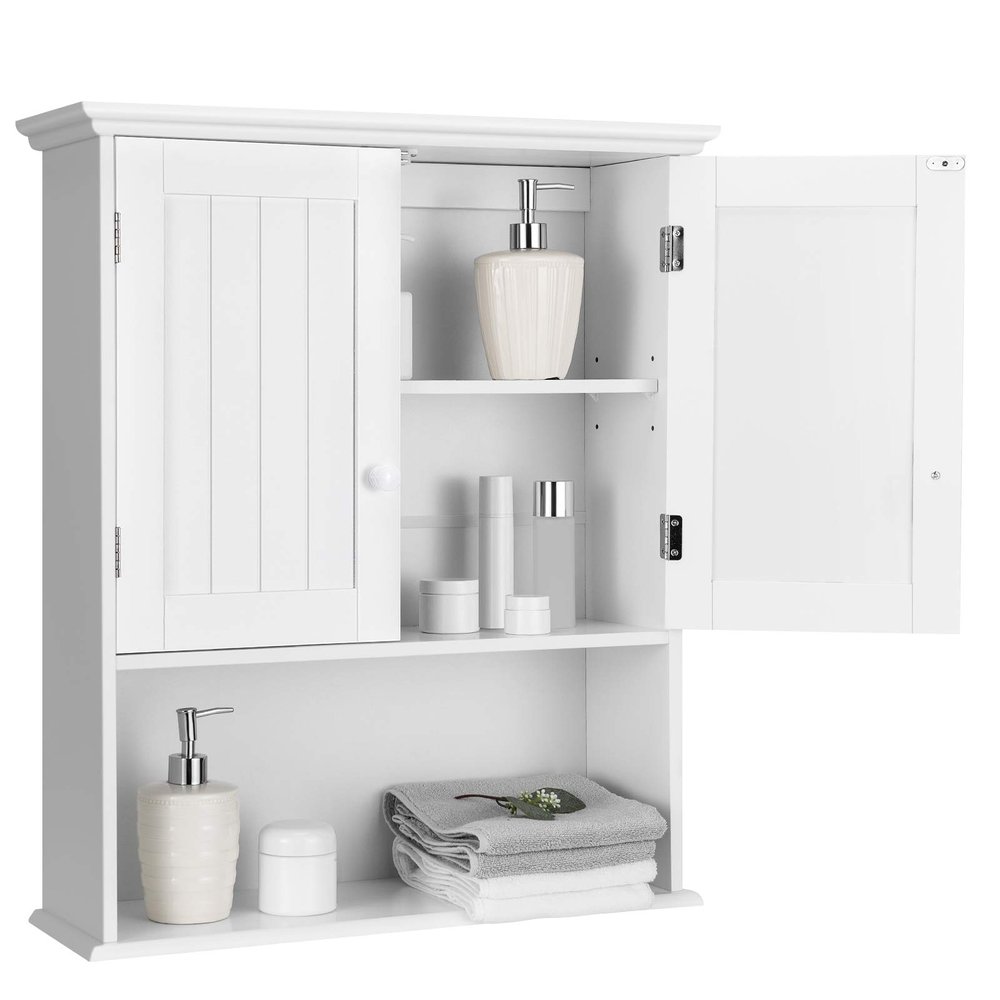 GOFLAME Bathroom Wall Cabinet, 2-Door Toilet Cabinet with Hanging Design, Wooden Medicine Cabinet with Height Adjustable Shelf, Wall Mount Cabinet with Large Storage Space, White