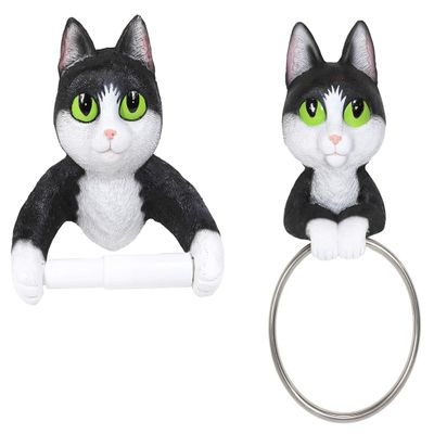 Ebros Gift Darling Black and White Tuxedo Feline Kitten Cat Hand Towel and Toilet Paper Holder Set Wall Hanging Figurine Vanity Powder Room Bathroom Cats Accent Decor