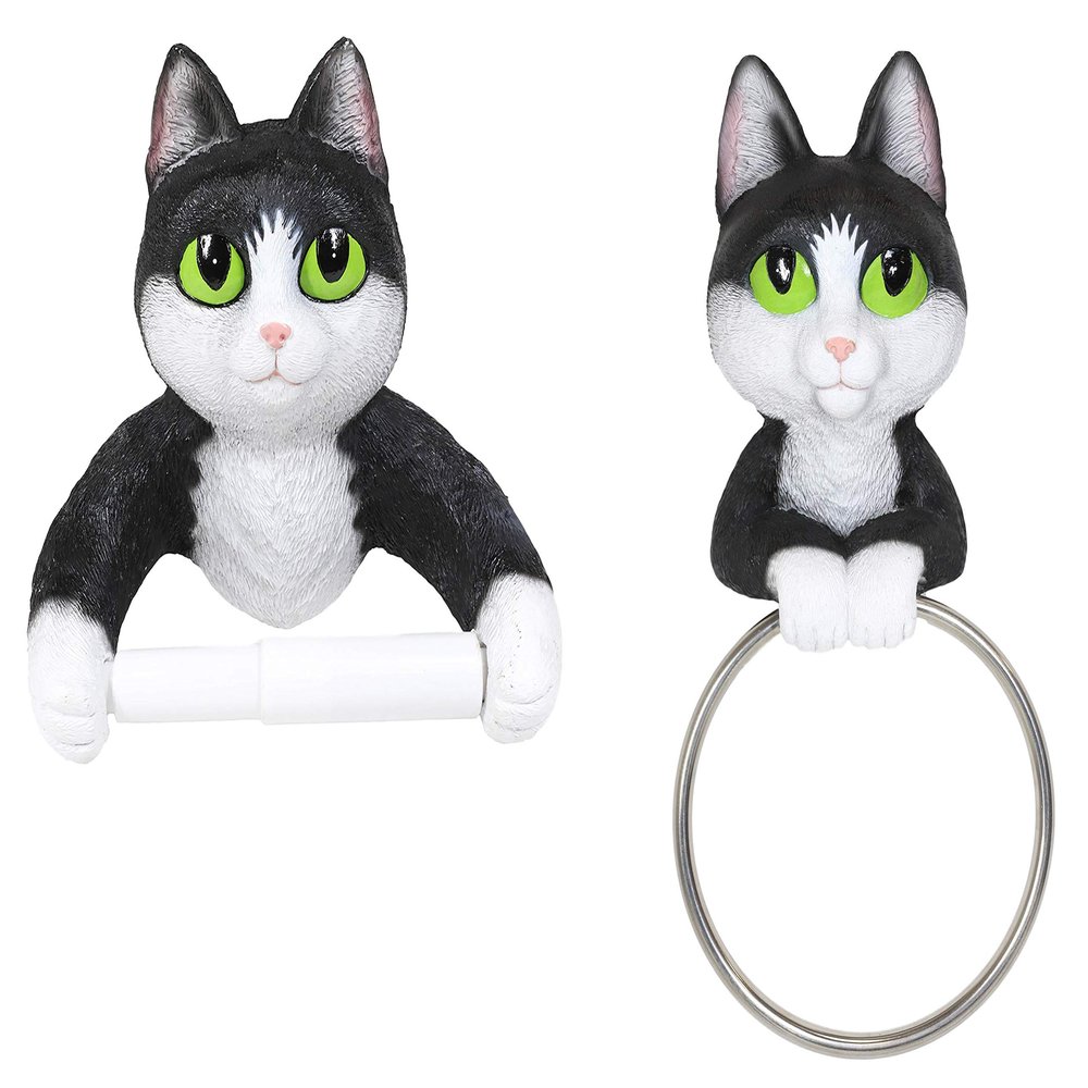 Ebros Gift Darling Black and White Tuxedo Feline Kitten Cat Hand Towel and Toilet Paper Holder Set Wall Hanging Figurine Vanity Powder Room Bathroom Cats Accent Decor