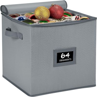 HOLDN STORAGE Christmas Ornament Storage Box - Christmas Decor Storage Containers that Store up to 64 3 x 3 Holiday Xmas Ornaments Adjustable Compartment To Fit Many Sizes Ornaments Grey.