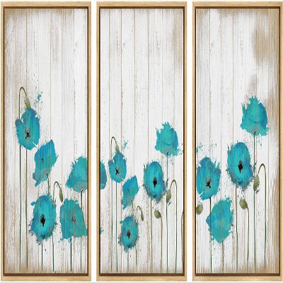 SIGNWIN 3 Piece Framed Canvas Wall Art Wild Flowers on Wood Background Canvas Prints Home Artwork Decoration for Living Room,Bedroom - 16"x24"x3 Panels