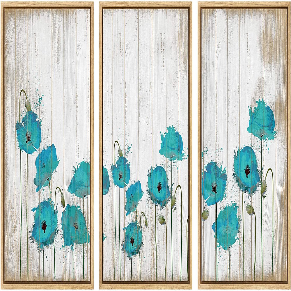 SIGNWIN 3 Piece Framed Canvas Wall Art Wild Flowers on Wood Background Canvas Prints Home Artwork Decoration for Living Room,Bedroom - 16"x24"x3 Panels