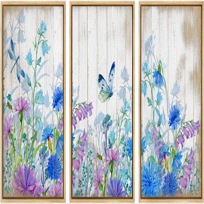SIGNWIN 3 Piece Framed Canvas Wall Art Wild Flowers on Wood Background Canvas Prints Home Artwork Decoration for Living Room,Bedroom - 16"x24"x3 Panels