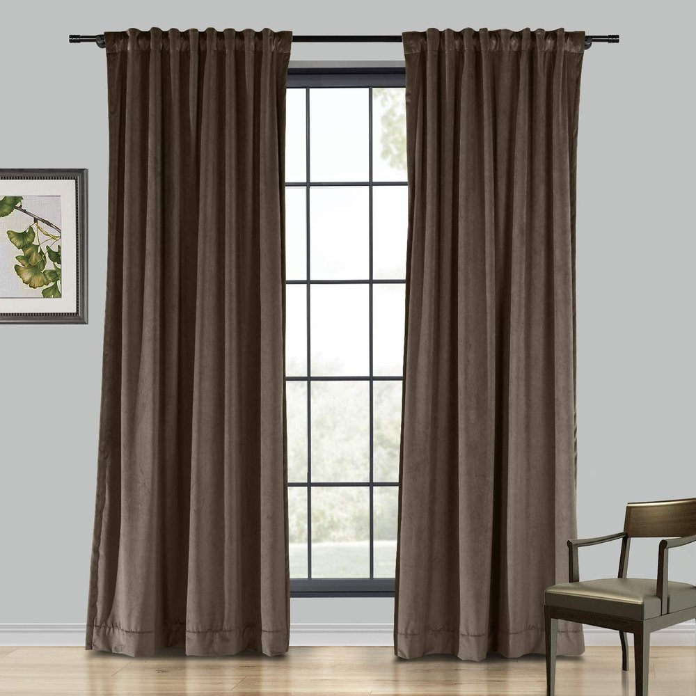 Drapifytex Set of 2 Solid Velvet Room Darkening Curtains Back Tab Rod Pocket Brown 50W x 63L Inch