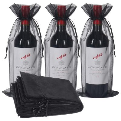 Shintop Organza Wine Bags 750ML, 14 1/3 x 6 1/3 inches Wine Bottle Gift Bags with Drawstring for Halloween Party Festival Gift Favors (Black, 30pcs)