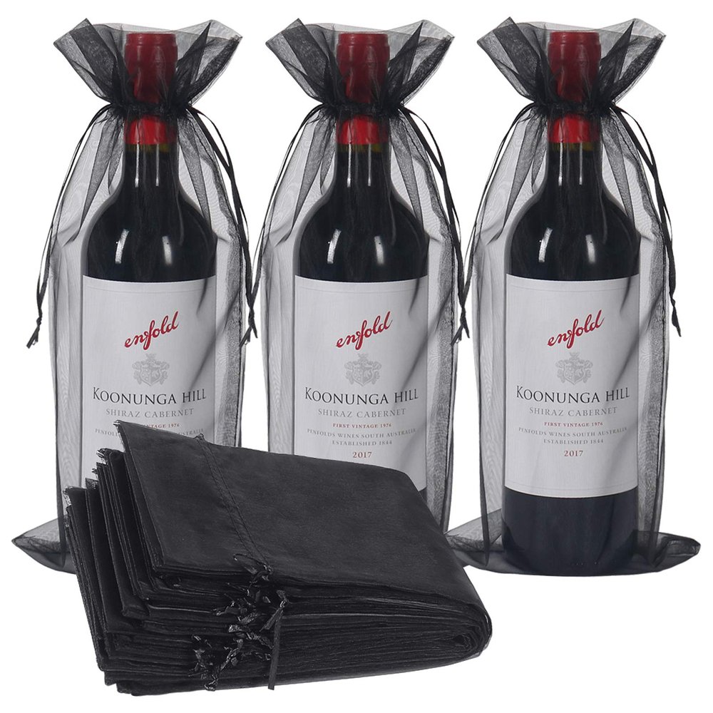 Shintop Organza Wine Bags 750ML, 14 1/3 x 6 1/3 inches Wine Bottle Gift Bags with Drawstring for Halloween Party Festival Gift Favors (Black, 30pcs)