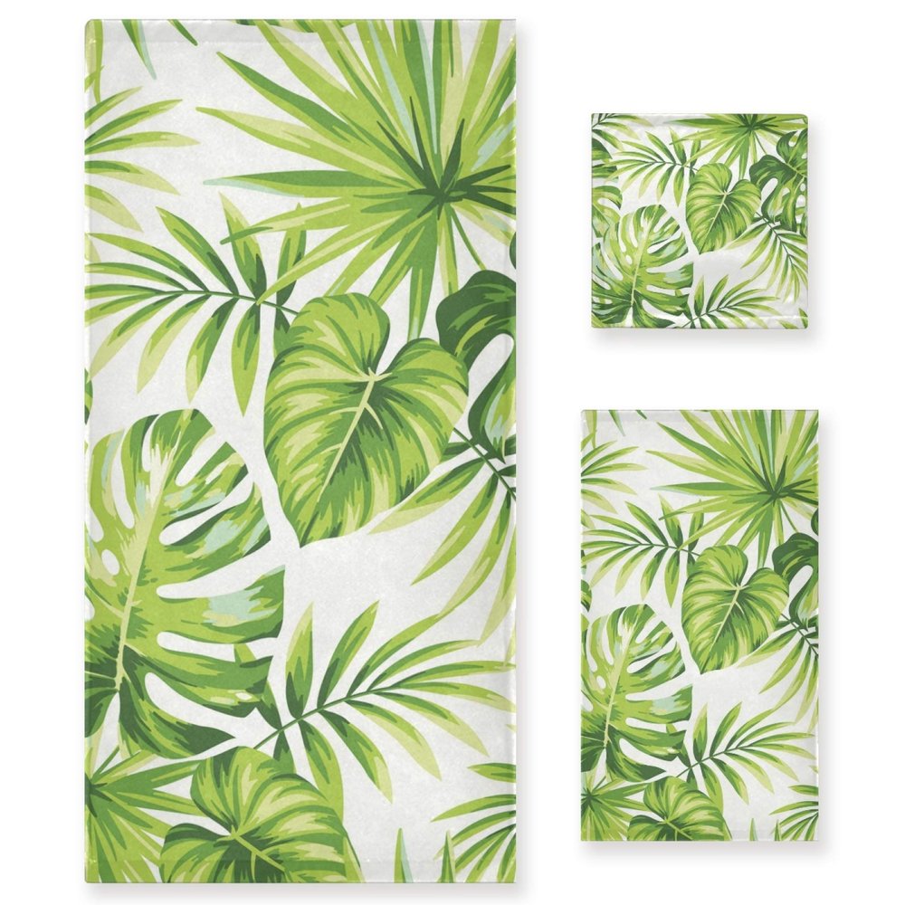 ALAZA Towel Bathroom Sets Tropical Green Palm Leaves on White Towel Set of 3 Soft Highly Absorbent Towels 1 Bath Towel 1 Hand Towel 1 Washcloth for Kitchen Beach Gym Spa Decorative