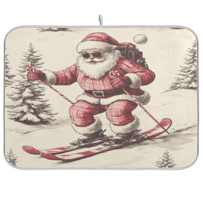 Nander Christmas Santa Claus With Gifts Red Background Dish Drying Mat for Kitchen Counter, Absorbent Reversible Dish Draining Mat,Rack Pad for Countertop, 18 x 24 Inches