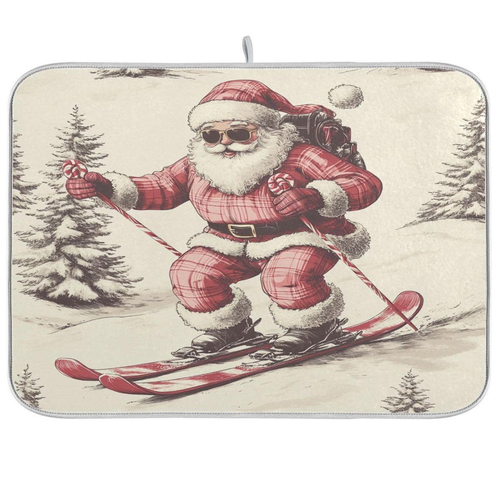 Nander Christmas Santa Claus With Gifts Red Background Dish Drying Mat for Kitchen Counter, Absorbent Reversible Dish Draining Mat,Rack Pad for Countertop, 18 x 24 Inches