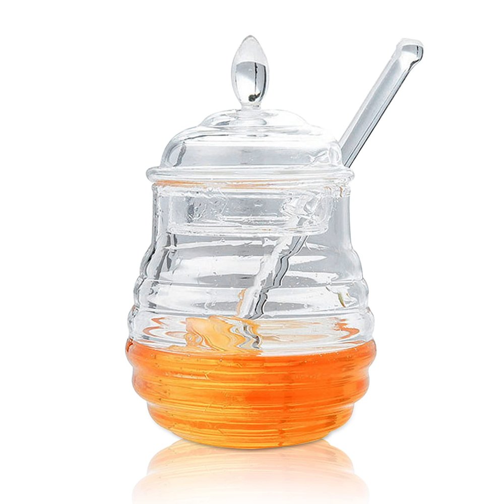 Agatige 245ml Honey Jars with Dipper, Crystal Plastic Beehive Honey Pot Syrup Dispenser for Home Kitchen