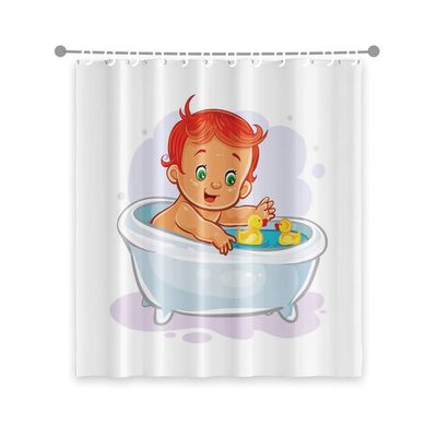 OERJU 72x84inch Cute Baby Happy Bathing Shower Curtain Cartoon Boy Yellow Duck White Bathtub Funny Scene Modern Kids Bathroom Decor Waterproof Fabric Shower Curtain Liner Durable with Hooks