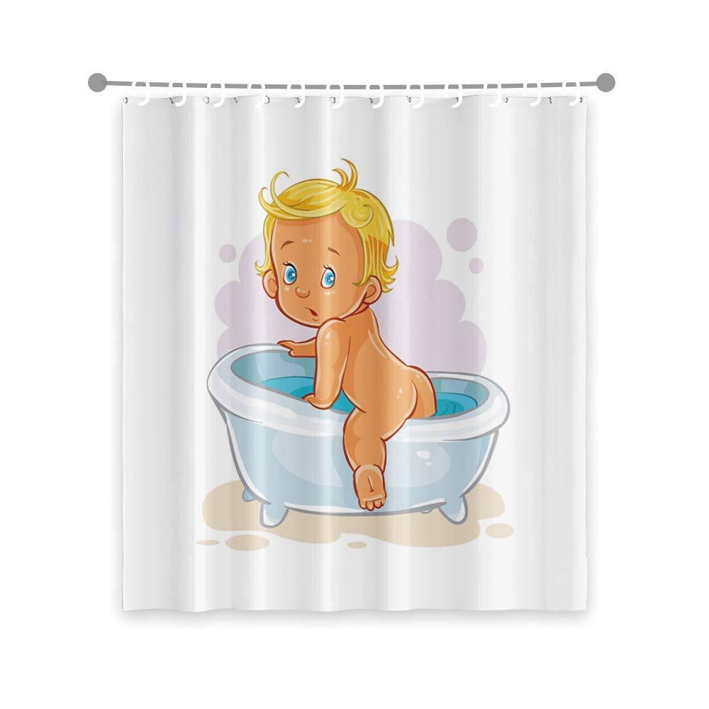 OERJU 72x84inch Cute Baby Bathing Shower Curtain Cartoon Lovely Naked Boy Funny Scene White Bathtub 3D Printed Modern Simple Kids Bathroom Decor Fabric Shower Curtain Liner Durable with Hooks
