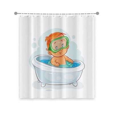 OERJU 72x78inch Cartoon Shower Curtain Cute Baby Wearing Swim Goggles Bathing White Bathtub 3D Printed Modern Simple Kids Bathroom Decor Waterproof Fabric Shower Curtain Liner Durable with Hooks