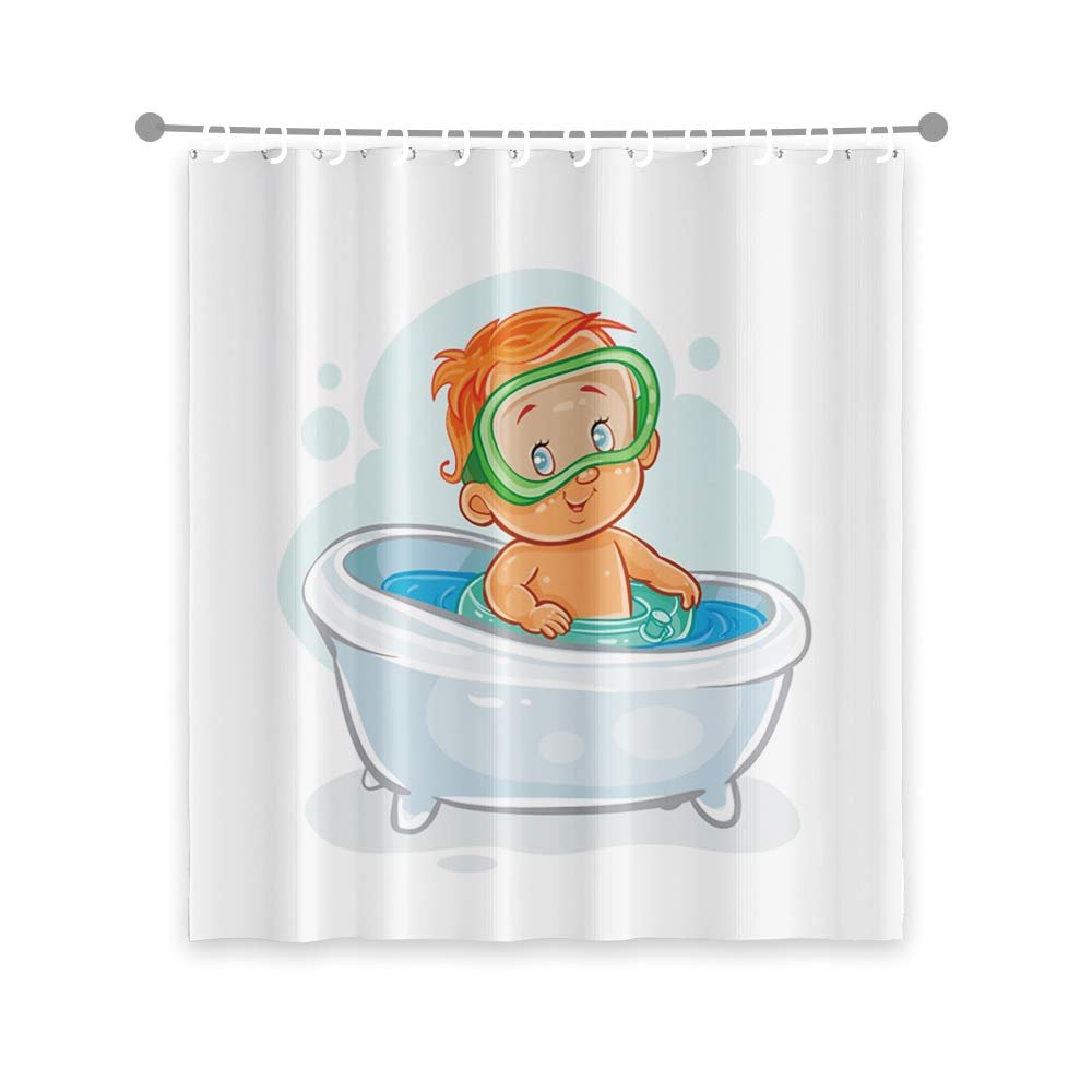 OERJU 72x78inch Cartoon Shower Curtain Cute Baby Wearing Swim Goggles Bathing White Bathtub 3D Printed Modern Simple Kids Bathroom Decor Waterproof Fabric Shower Curtain Liner Durable with Hooks