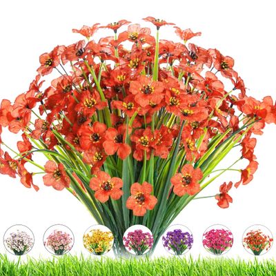Artificial Outdoor Flowers,8 Bundles UV Resistant Fake Flowers,Artificial Violet Flowers Plastic Faux Flowers Greenery Plants for Outdoor Garden Porch Window Box Decoration(Orange Red)