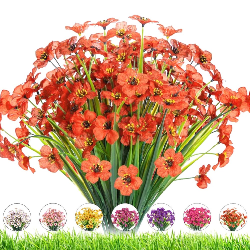 Artificial Outdoor Flowers,8 Bundles UV Resistant Fake Flowers,Artificial Violet Flowers Plastic Faux Flowers Greenery Plants for Outdoor Garden Porch Window Box Decoration(Orange Red)