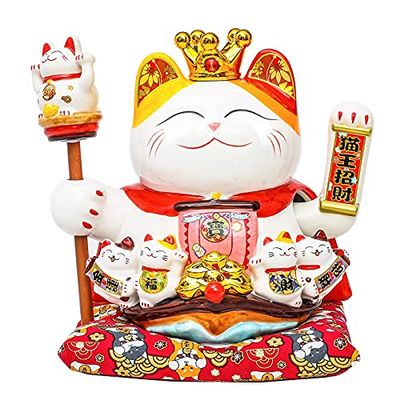Ziv-01 10" White Ceramic Maneki Neko Lucky Cat with Waving Arm,Ornately Decorated Porcelain Best Gift for Business Opening