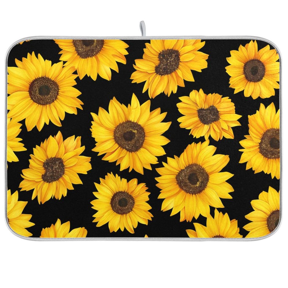 Blueangle Microfiber Dish Drying Mat for Kitchen Counter-top, Sunflower Pattern Dry Pad for Dishes, Flatware, Dinnerware, Serveware, Plate, Machine Wash (18" x 24")