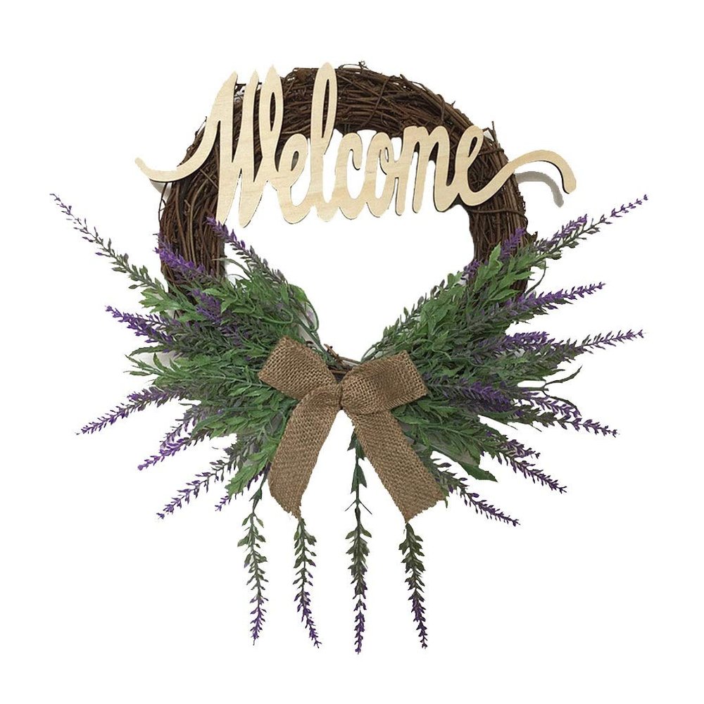 Wreaths LIU- Front Door Welcome 14 Inch Purple Lavender for Home Farmhouse Office Studio Decoration