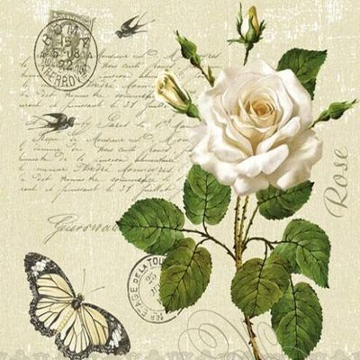 Set of 2 Individual Decoupage Paper Party Napkin ROSE WHITE VINTAGE Watercolor Decor Luncheon Napkins for a Birthday holiday, Wedding, Cocktail Party