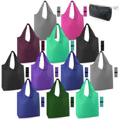 BeeGreen Groceries Reusable Bags for Shopping Compact Cute Solid Color Cloth Grocery Totes Set of 12 Fold up Packable Recycling Shopper Baggies w Zipper Carry Pouch for Supermarket