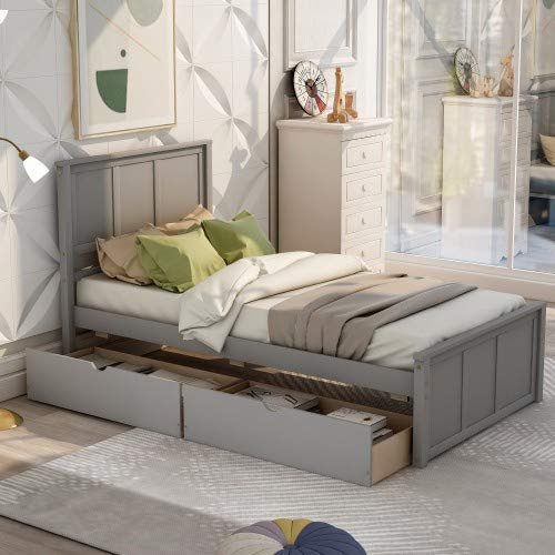 KLMM Twin Platform Bed, Solid Wood Bed Frame with Headboard/Footboard/2 Drawers, Wooden Slat Support, No Box Spring Needed, Easy Assemble (Gray)
