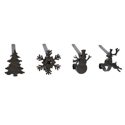 Haute Decor MantleClip Stocking Holders with Removable Zinc Alloy Metal Holiday Icons (4-Pack Assorted Icons, Matte Black)