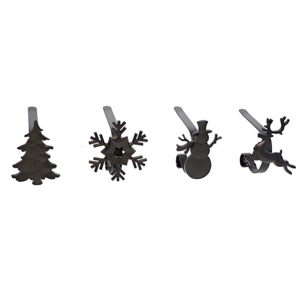 Haute Decor MantleClip Stocking Holders with Removable Zinc Alloy Metal Holiday Icons (4-Pack Assorted Icons, Matte Black)