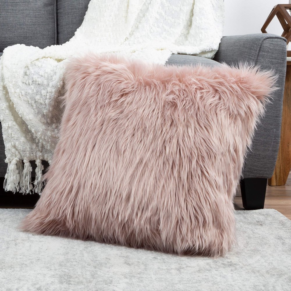 22 Plush Pillow Luxury Square Accent Pillow Insert and Shag Glam Cover Set For Bedroom or Living Room by Lavish Home (Pink)