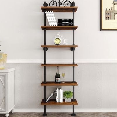 HOMEKAYT Industrial Pipe Shelf Rustic Wood Wall Shelf Ladder Bookshelf Wall Mounted Storage Decor Shelf for Home, Office, Living Room(6-Tier)-Black