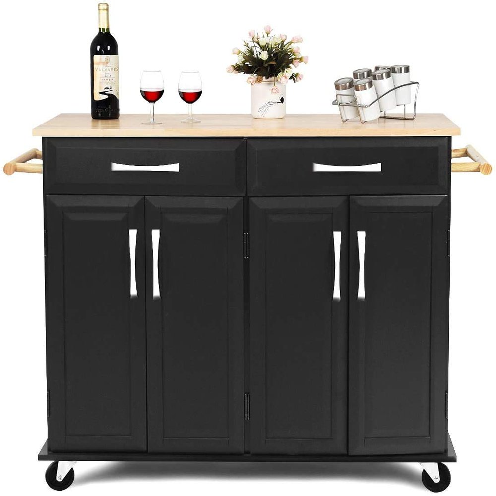 DORTALA Kitchen Island Cart, Rolling Trolley Cart Utility Cabinet w/Rubber Wood Top, Large Storage Easy-Clean with Smooth Lockable Wheels Home Kitchen Carts (Black)