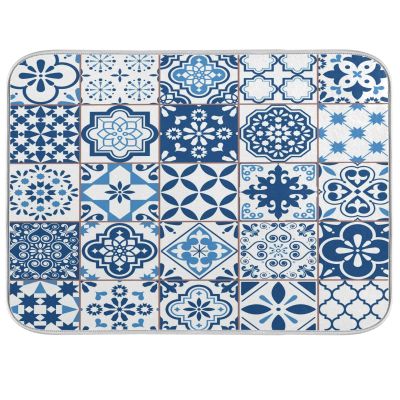 Blueangle Microfiber Dish Drying Mat, Blue Vintage Tiles Drying Mat for Kitchen counter,18" x 24", Easy Clean Drainboard Mat, Non-Slip Dish Drainer Pad for Kitchen Counter