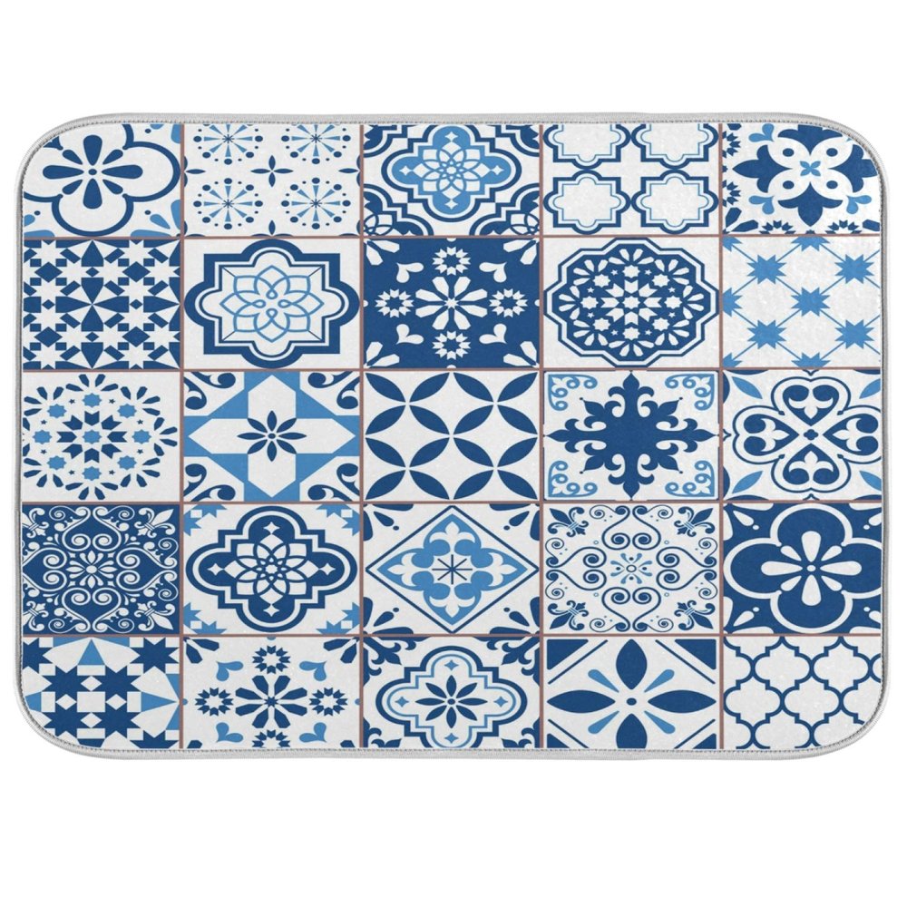 Blueangle Microfiber Dish Drying Mat, Blue Vintage Tiles Drying Mat for Kitchen counter,18" x 24", Easy Clean Drainboard Mat, Non-Slip Dish Drainer Pad for Kitchen Counter