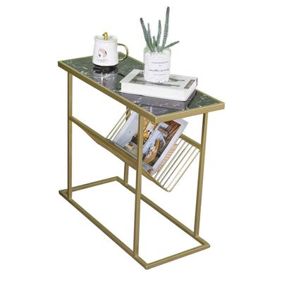 CGF- High Stool Coffee Table 2-Tier Marble Side Table, Narrow End Table with Magazine Shelf, Nightstand for Small Spaces, Accent Furniture with Metal Frame, Gold 24x12x22 Inch