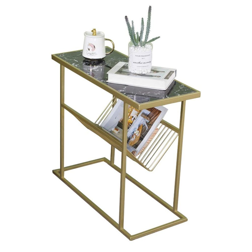 CGF- High Stool Coffee Table 2-Tier Marble Side Table, Narrow End Table with Magazine Shelf, Nightstand for Small Spaces, Accent Furniture with Metal Frame, Gold 24x12x22 Inch