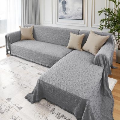 Rose Home Fashion Geometric Jacquard Sectional Couch Covers for Sectional Sofa - 2 Pieces Washable L Shape Couch Cover Blanket with Tassels, Furniture Protector for Dogs (X-Large, Light Gray)