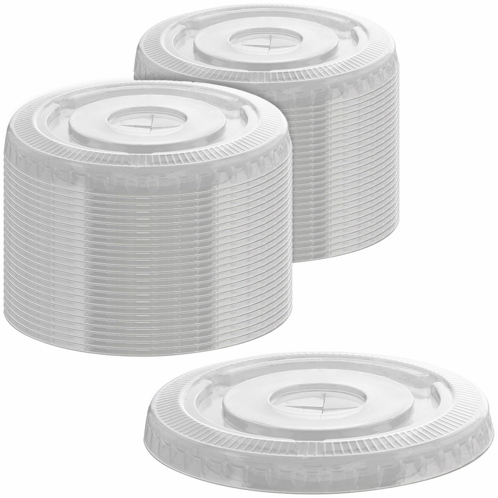 Clear Plastic Flat Lids with Slot (107mm) Pack of 50  Ideal for Cups & Containers  Perfect for Food & Beverage Service