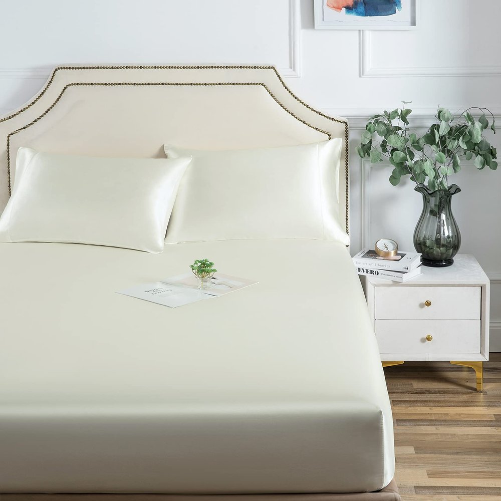 Good Night Bedding Fitted Sheet Twin Ivory - Satin Silk Soft and Comfortable - Wrinkle, Fade, Stain Resistant - 15" Deep Pocket - 1 Single Fitted Bottom Sheet Only - Easy Care (Twin, Ivory)