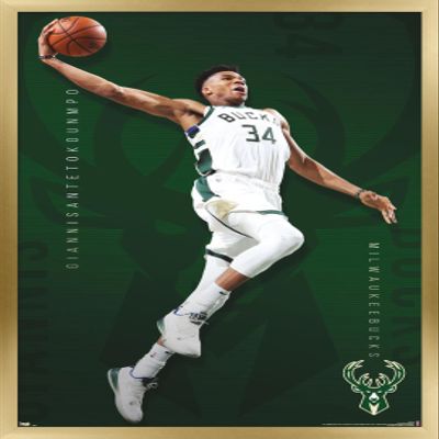Trends International NBA Milwaukee Bucks - Giannis Antetokounmpo 19 Wall Poster, 14.725" x 22.375", Gold Framed Version
