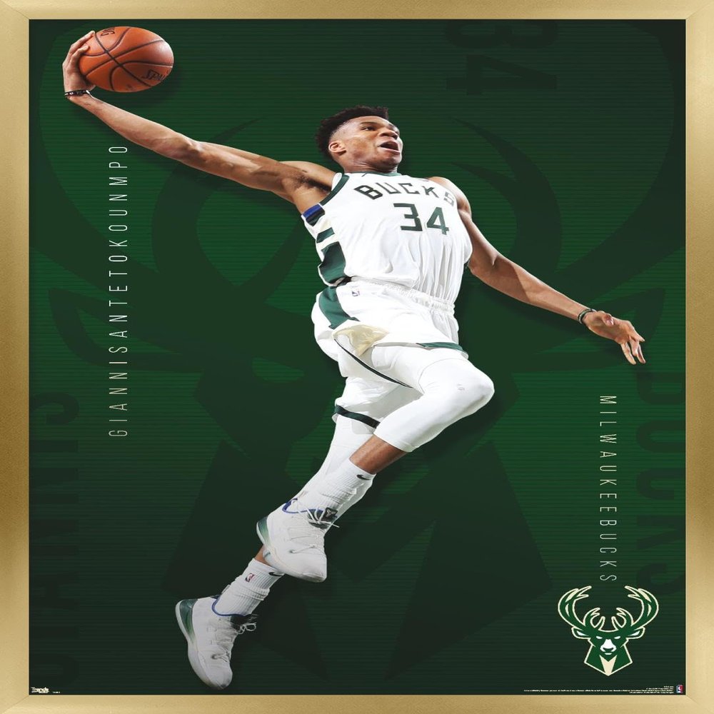 Trends International NBA Milwaukee Bucks - Giannis Antetokounmpo 19 Wall Poster, 14.725" x 22.375", Gold Framed Version