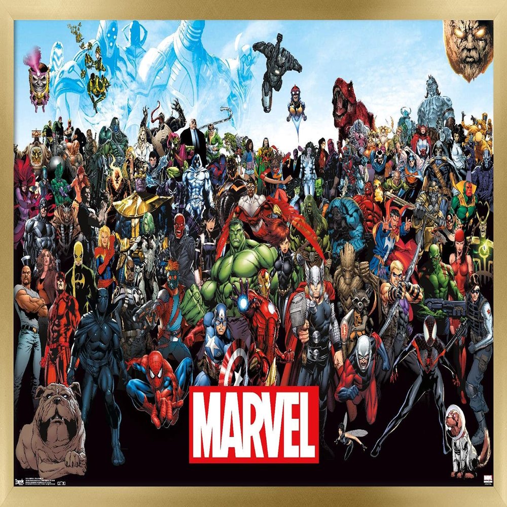 Marvel Comics The Marvel Lineup Wall Poster, 22.4L" x 14.7W", Gold Framed Version