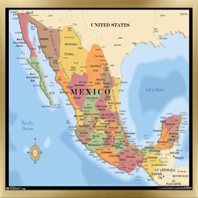 Trends International Map - Mexico Wall Poster, 14.725" x 22.375", Gold Framed Version